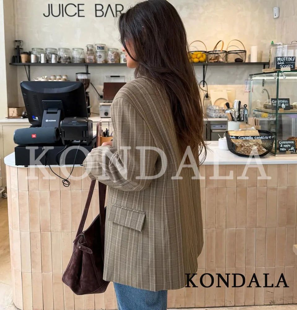 KONDALA Vintage Chic Plaid Blazer Women 2026 Spring Trends Hacking Blazer Elegant Commute High Street Lady Single Buckle Blazer