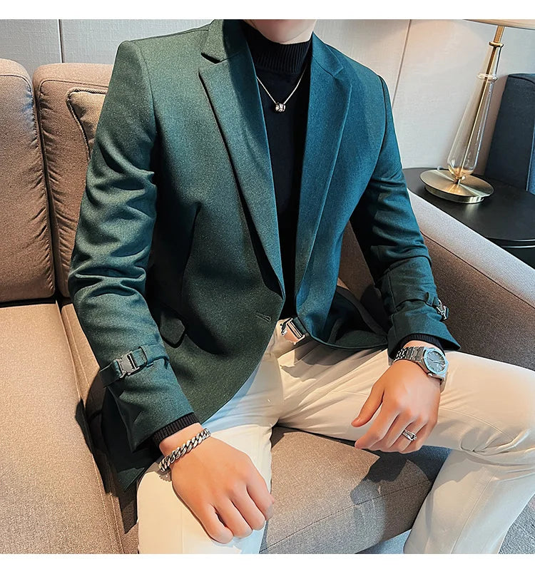 2024Men Party Wedding Banquet Blazer Solid Metal Buckle Decoration Blazer For Italian Designer Suit Jacket Slim Fit Blazer Homme