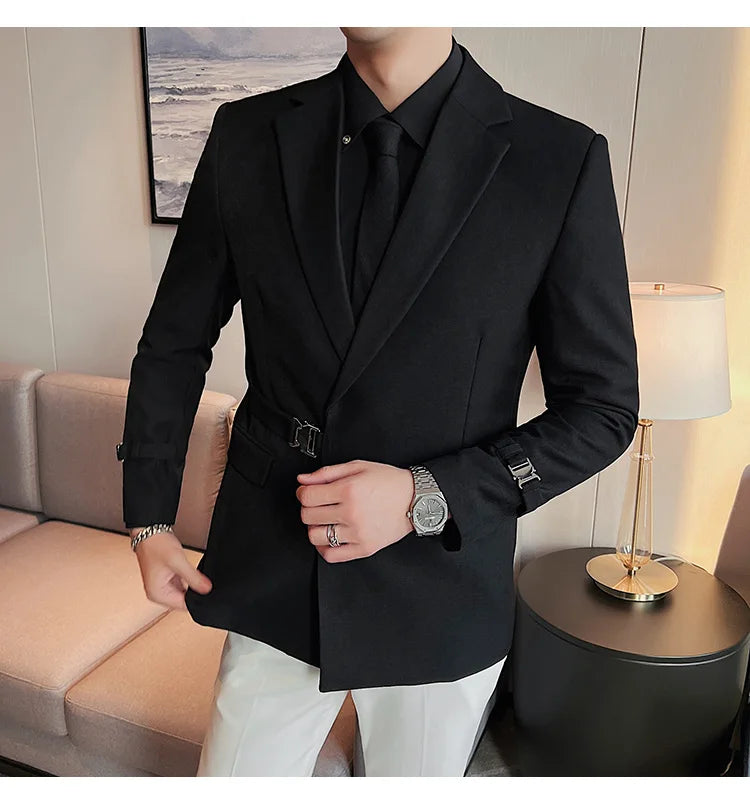 2024Men Party Wedding Banquet Blazer Solid Metal Buckle Decoration Blazer For Italian Designer Suit Jacket Slim Fit Blazer Homme