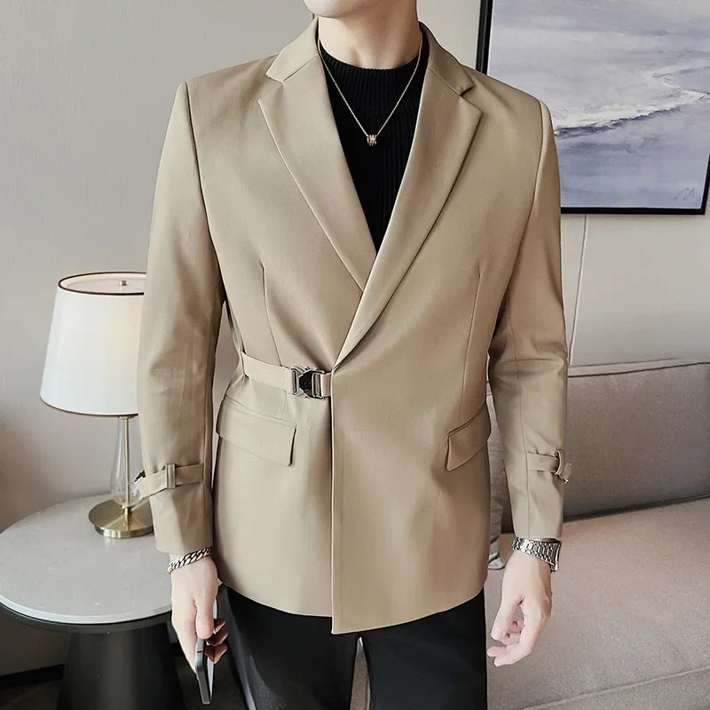 2024Men Party Wedding Banquet Blazer Solid Metal Buckle Decoration Blazer For Italian Designer Suit Jacket Slim Fit Blazer Homme
