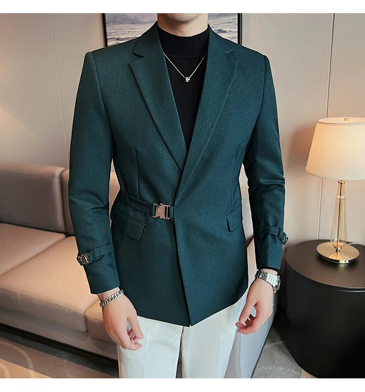 2024Men Party Wedding Banquet Blazer Solid Metal Buckle Decoration Blazer For Italian Designer Suit Jacket Slim Fit Blazer Homme