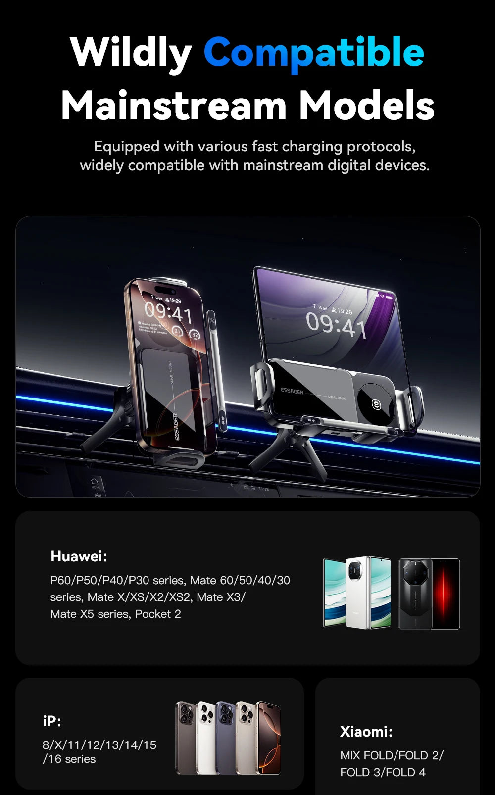 Essager 15W Car Wireless Charger Dual Coil One-Touch Rotatable Car Phone Holder For Samsung Galaxy Z Fold6 5 4 Flip 6 5 4 iPhone