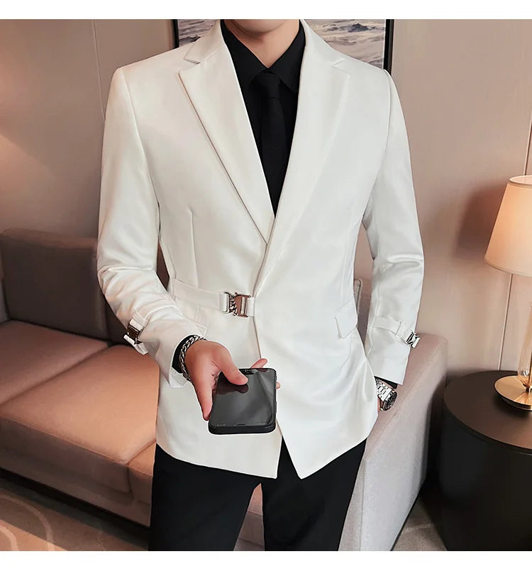 2024Men Party Wedding Banquet Blazer Solid Metal Buckle Decoration Blazer For Italian Designer Suit Jacket Slim Fit Blazer Homme