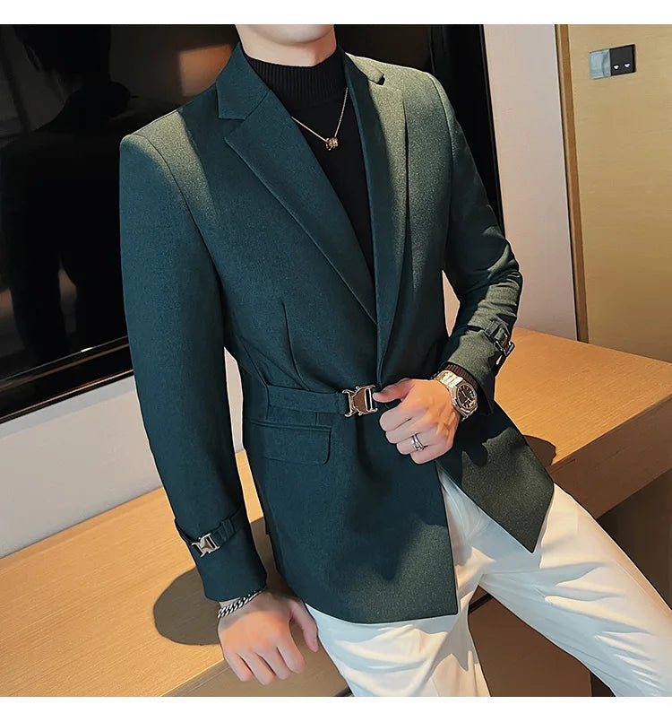 2024Men Party Wedding Banquet Blazer Solid Metal Buckle Decoration Blazer For Italian Designer Suit Jacket Slim Fit Blazer Homme