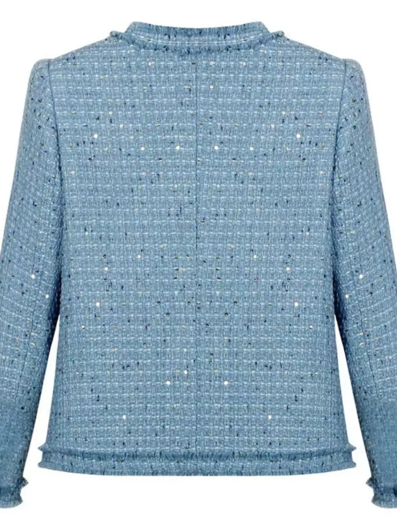 Short blazer with gold buttons, multiple pockets, and a refined design
