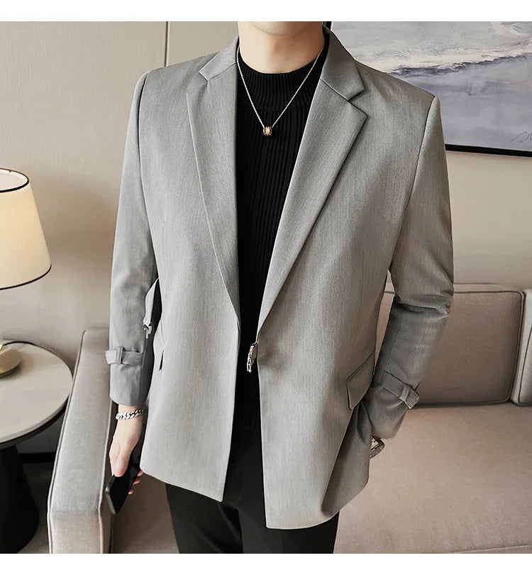 2024Men Party Wedding Banquet Blazer Solid Metal Buckle Decoration Blazer For Italian Designer Suit Jacket Slim Fit Blazer Homme
