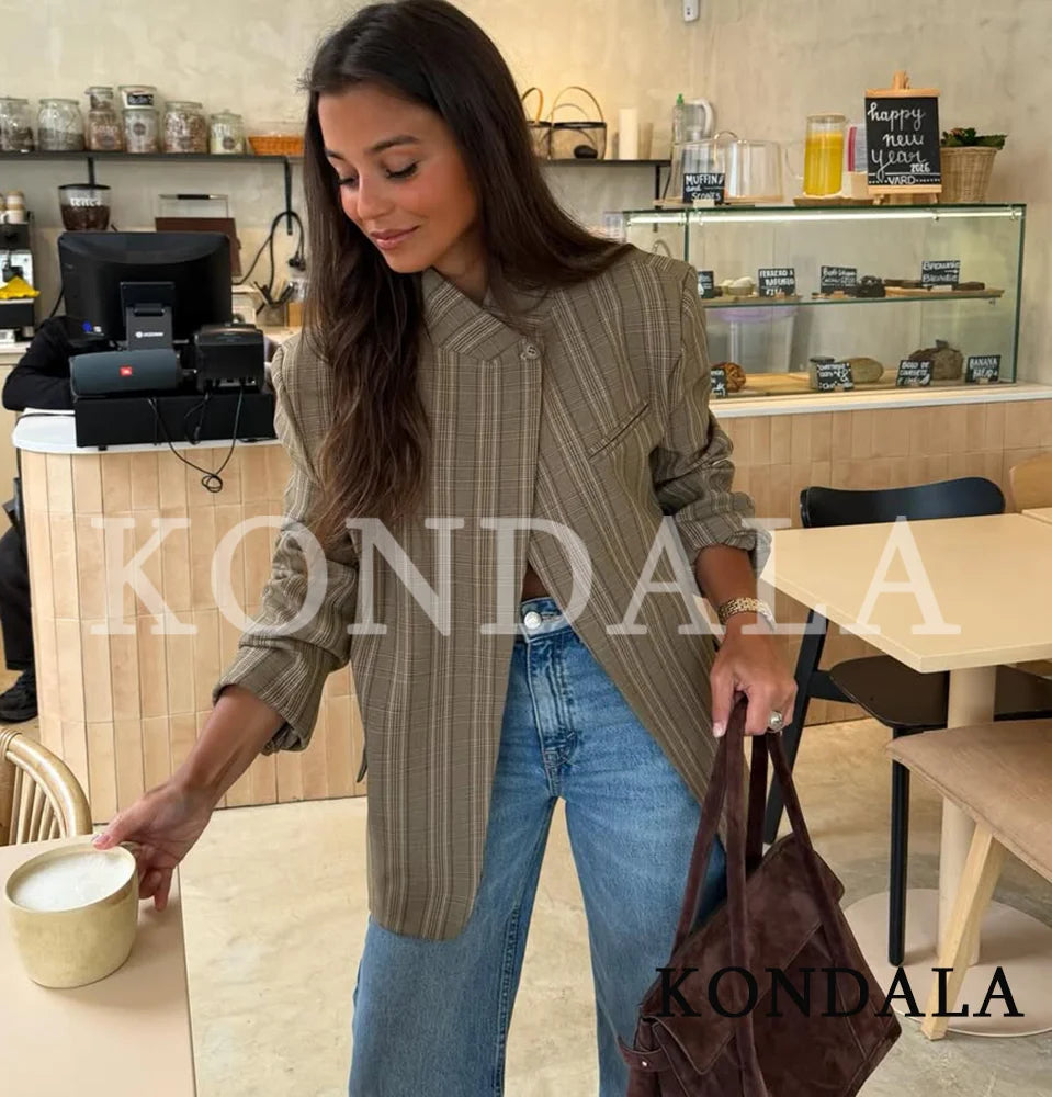 KONDALA Vintage Chic Plaid Blazer Women 2026 Spring Trends Hacking Blazer Elegant Commute High Street Lady Single Buckle Blazer