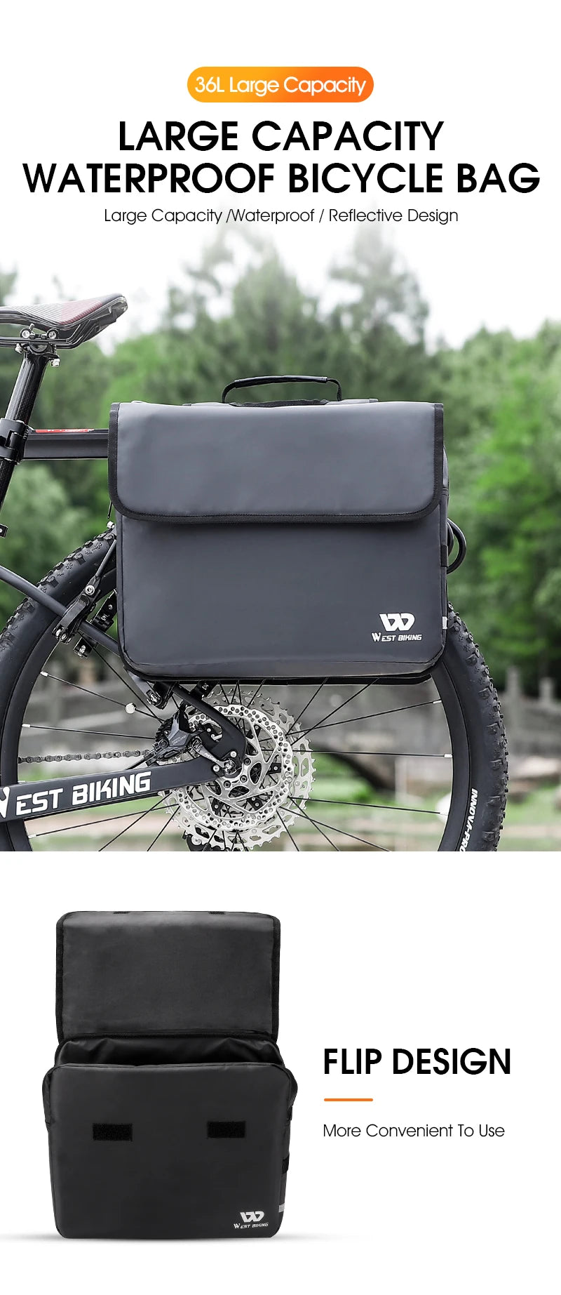 WEST BIKING Bicycle Bag 36L Multifunctional Saddle Bag Waterproof MTB Bike Rack Bag Travel 2 In 1 Big Capacity Bicycle Rear Bag