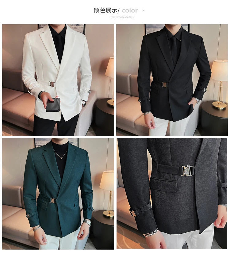 2024Men Party Wedding Banquet Blazer Solid Metal Buckle Decoration Blazer For Italian Designer Suit Jacket Slim Fit Blazer Homme