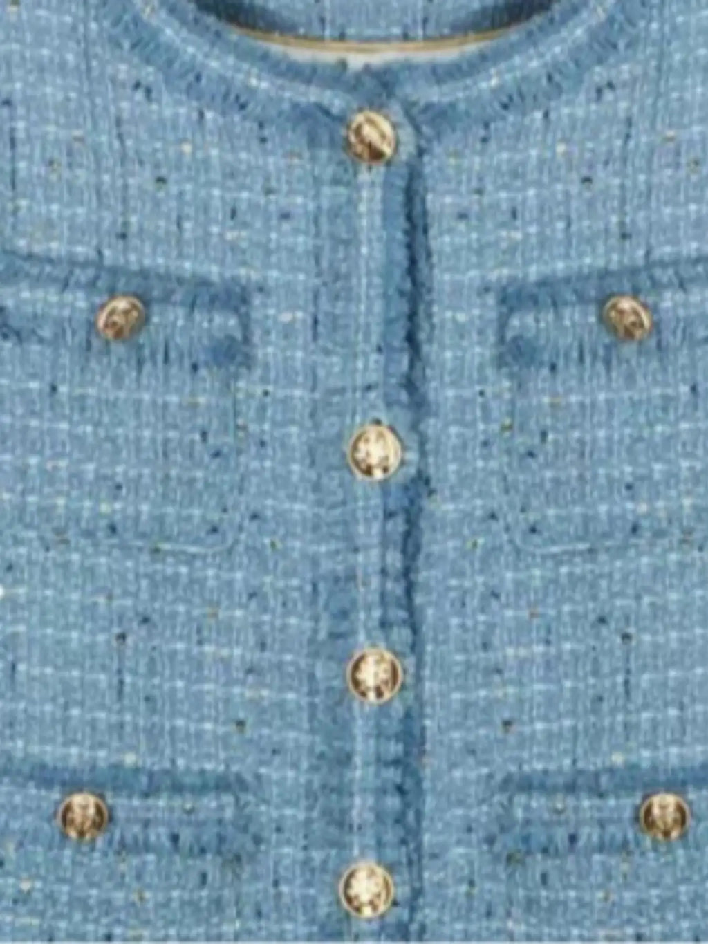 Short blazer with gold buttons, multiple pockets, and a refined design