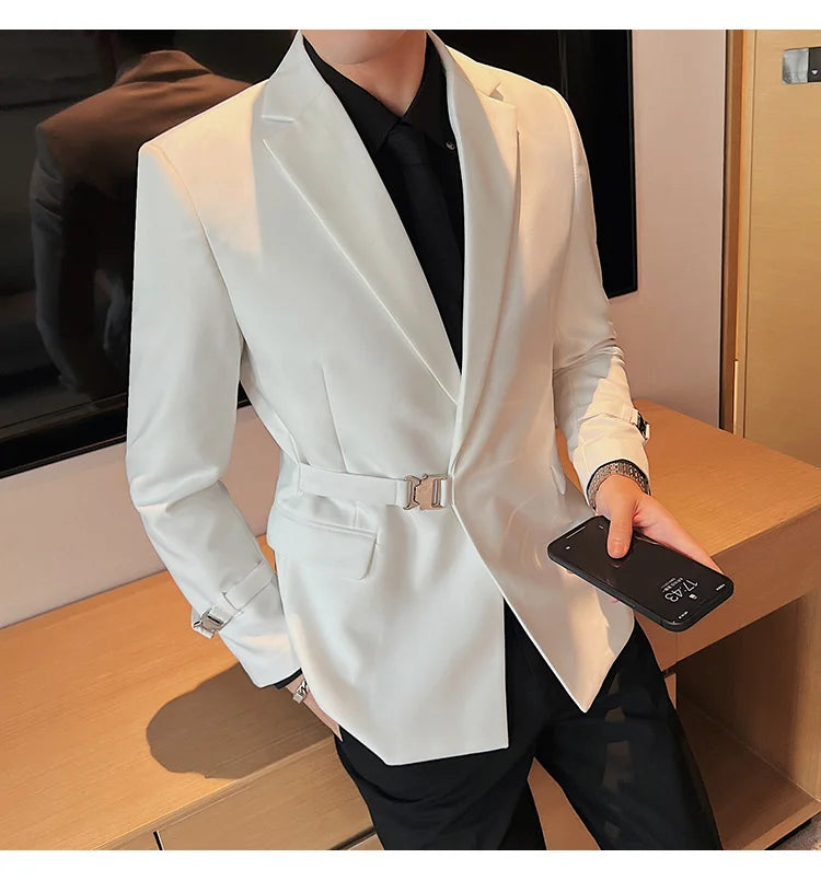 2024Men Party Wedding Banquet Blazer Solid Metal Buckle Decoration Blazer For Italian Designer Suit Jacket Slim Fit Blazer Homme