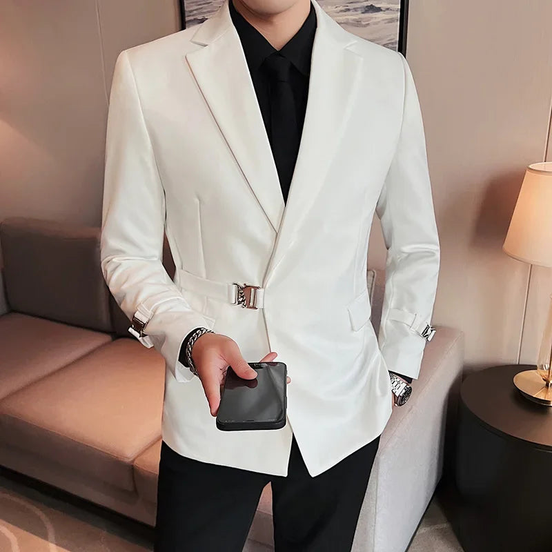2024Men Party Wedding Banquet Blazer Solid Metal Buckle Decoration Blazer For Italian Designer Suit Jacket Slim Fit Blazer Homme
