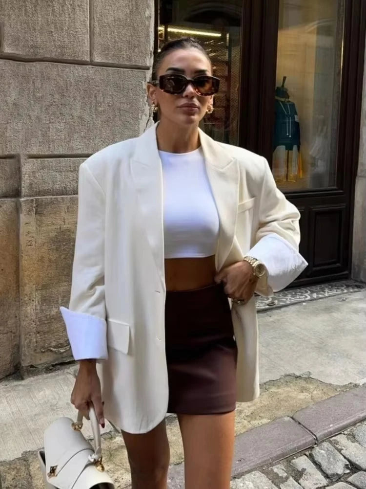 2025 Elegant Blazer Coat For Women Fashion Pockets Lapel Oversized Suit Jackets  New Autumn Office Lady Casual Loose Outerwear