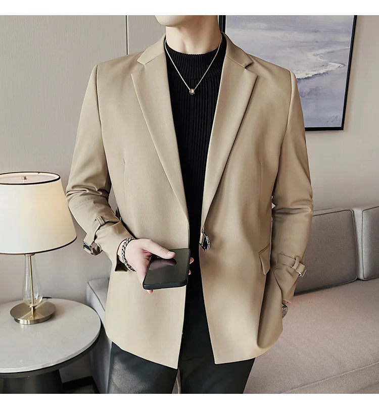 2024Men Party Wedding Banquet Blazer Solid Metal Buckle Decoration Blazer For Italian Designer Suit Jacket Slim Fit Blazer Homme
