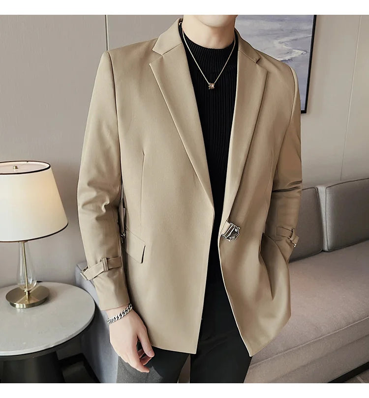 2024Men Party Wedding Banquet Blazer Solid Metal Buckle Decoration Blazer For Italian Designer Suit Jacket Slim Fit Blazer Homme