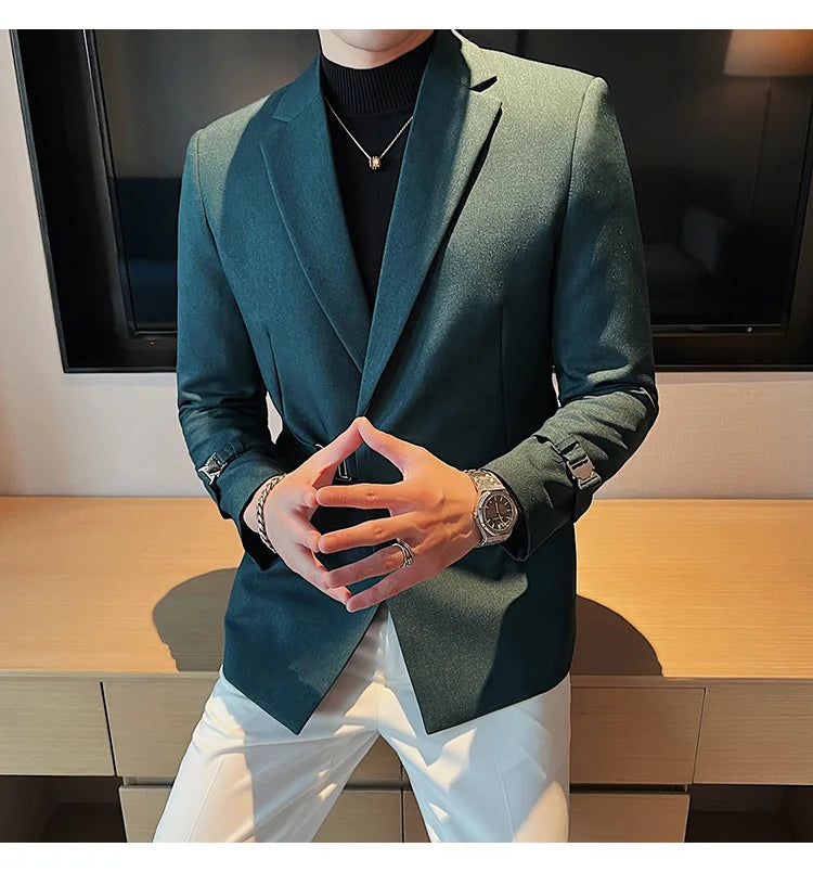 2024Men Party Wedding Banquet Blazer Solid Metal Buckle Decoration Blazer For Italian Designer Suit Jacket Slim Fit Blazer Homme